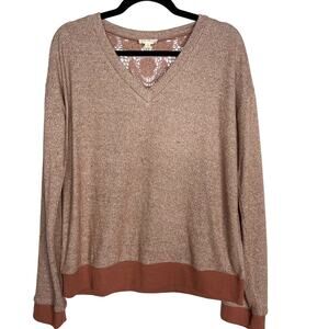 New Hem & Thread L Orange Rust Heather Lace Inset Back VNeck Pullover Sweatshirt